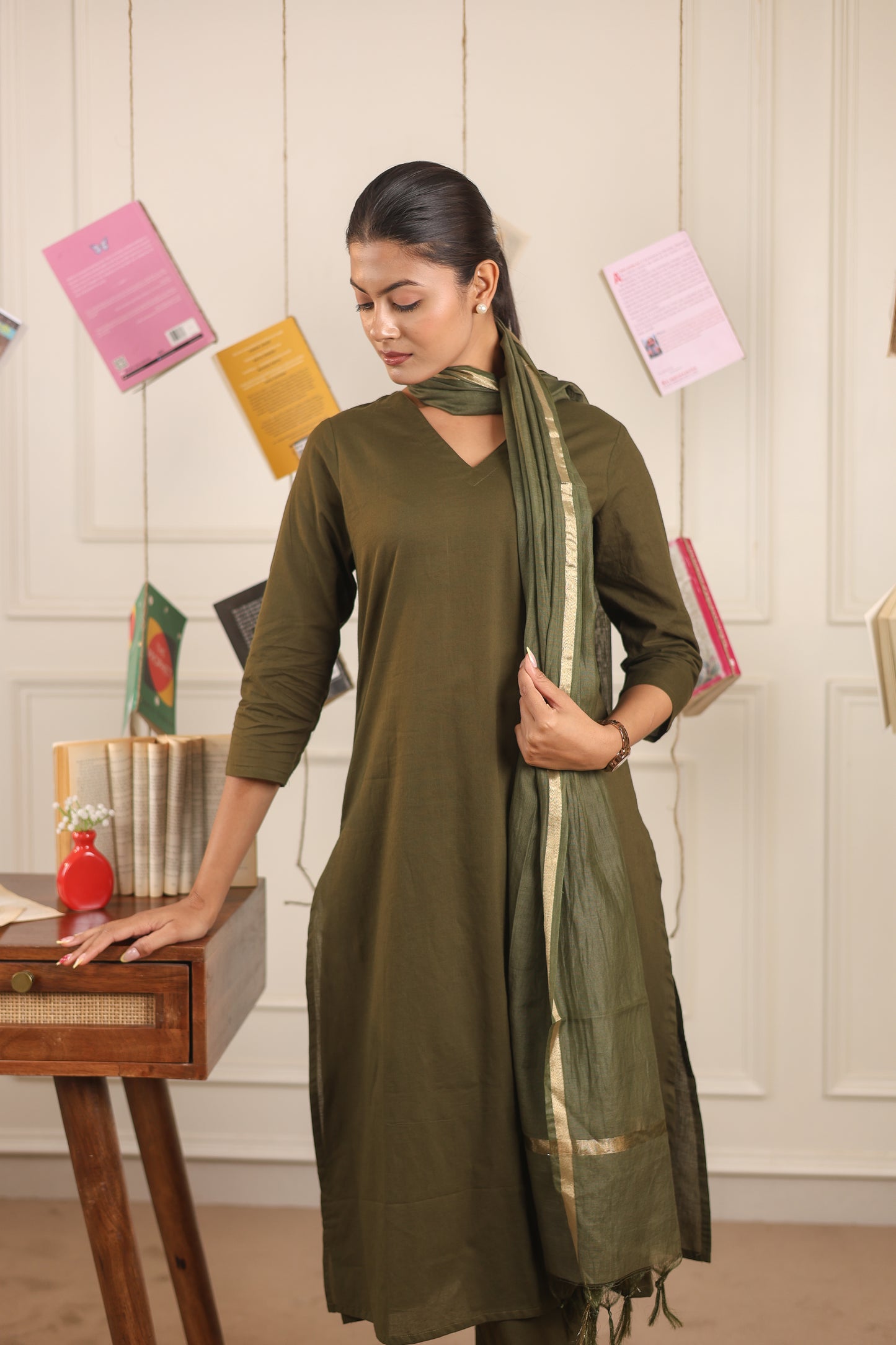 Cotton V-Neck Kurta Set with Chanderi Dupatta