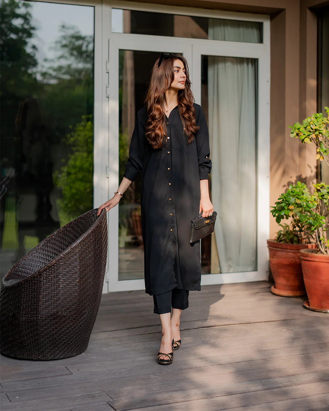 Black Classic Button-Down Cotton Kurta Set