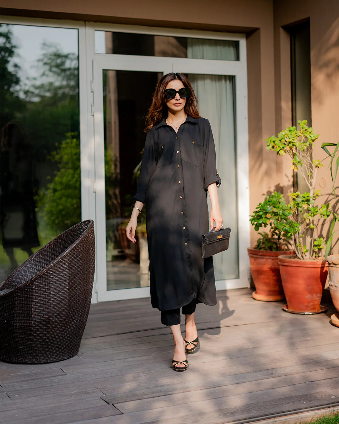 Black Classic Button-Down Cotton Kurta Set