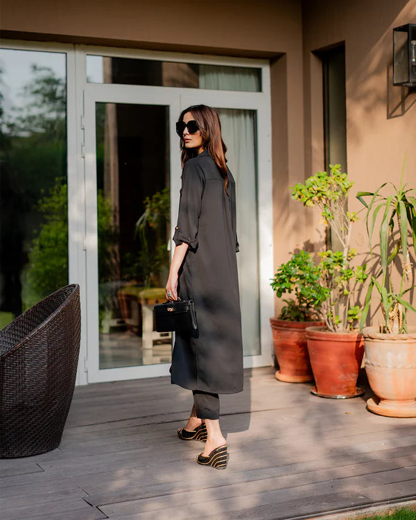 Black Classic Button-Down Cotton Kurta Set