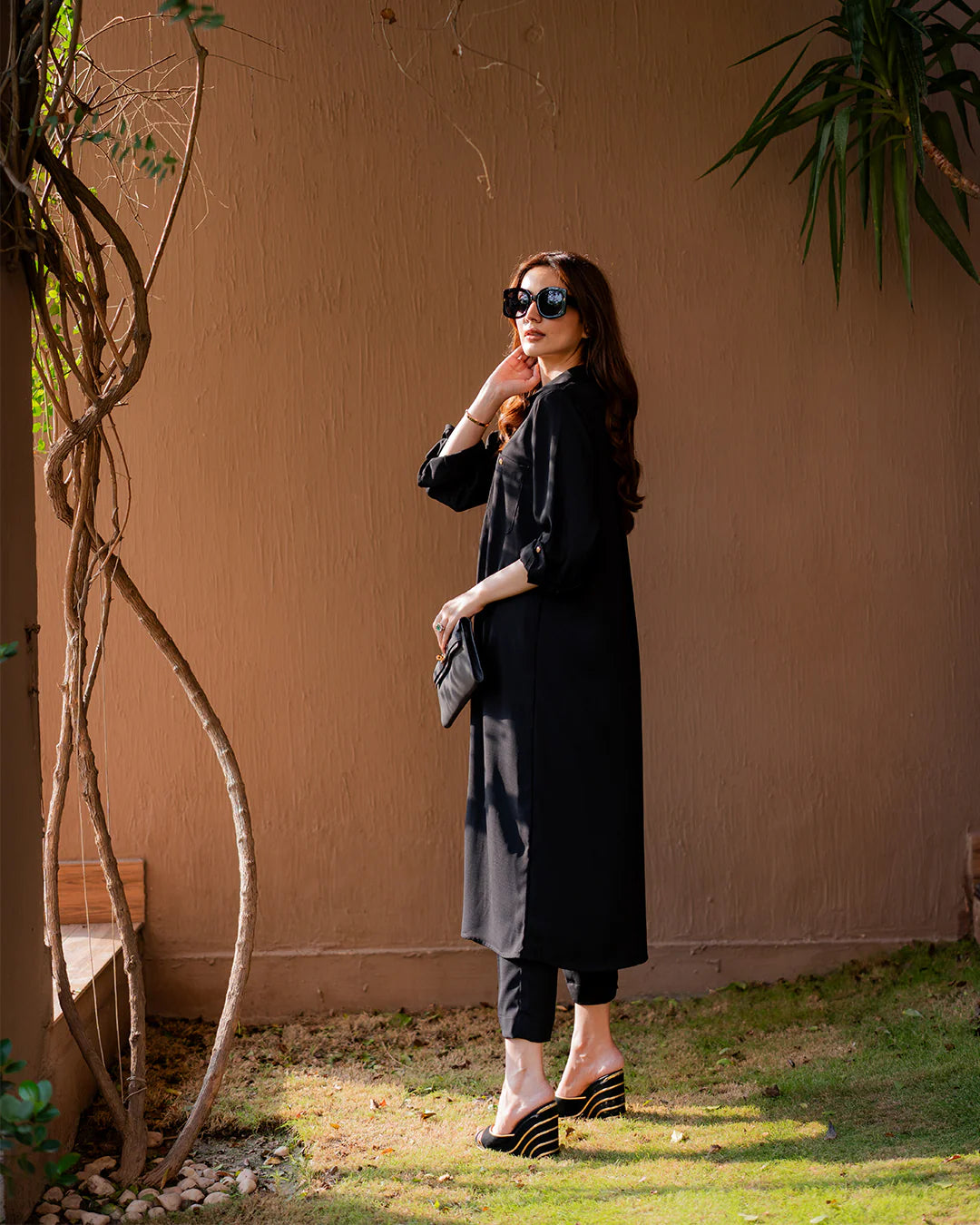 Black Classic Button-Down Cotton Kurta Set