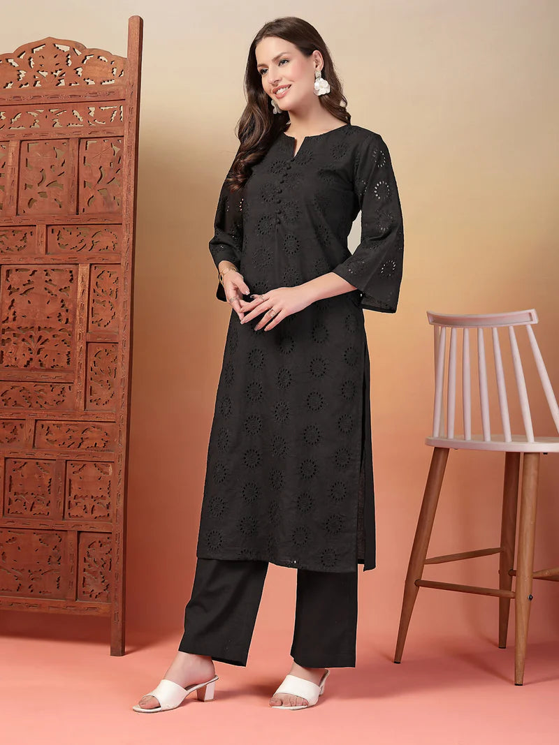 Schiffli Embroidered Cotton Kurta Pant Set