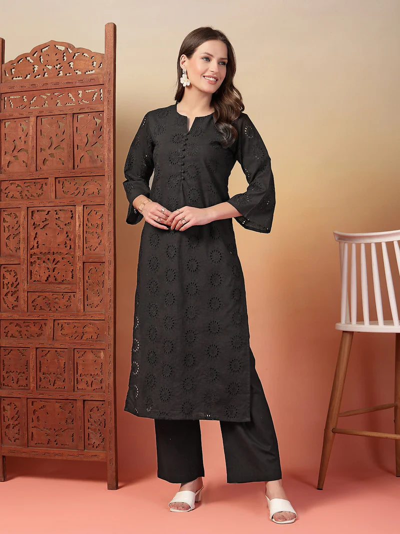 Schiffli Embroidered Cotton Kurta Pant Set