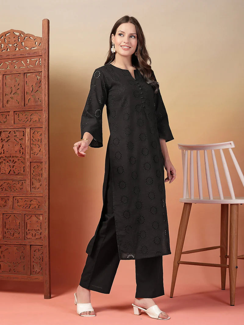 Schiffli Embroidered Cotton Kurta Pant Set
