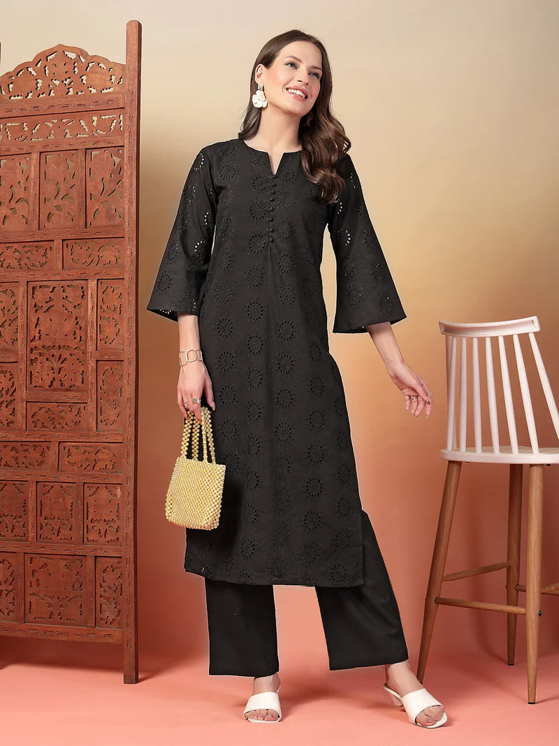 Schiffli Embroidered Cotton Kurta Pant Set