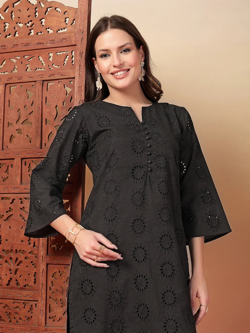 Schiffli Embroidered Cotton Kurta Pant Set