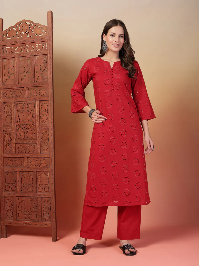 Schiffli Embroidered Cotton Kurta Pant Set