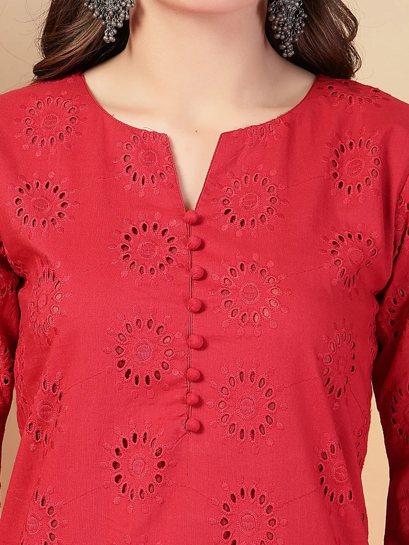 Schiffli Embroidered Cotton Kurta Pant Set