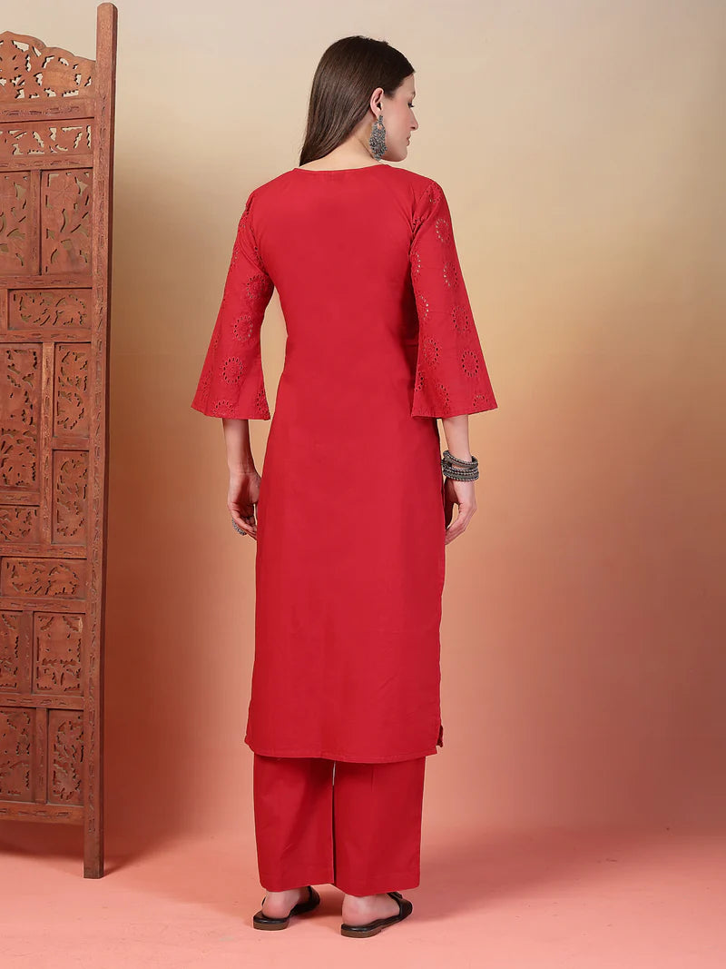 Schiffli Embroidered Cotton Kurta Pant Set