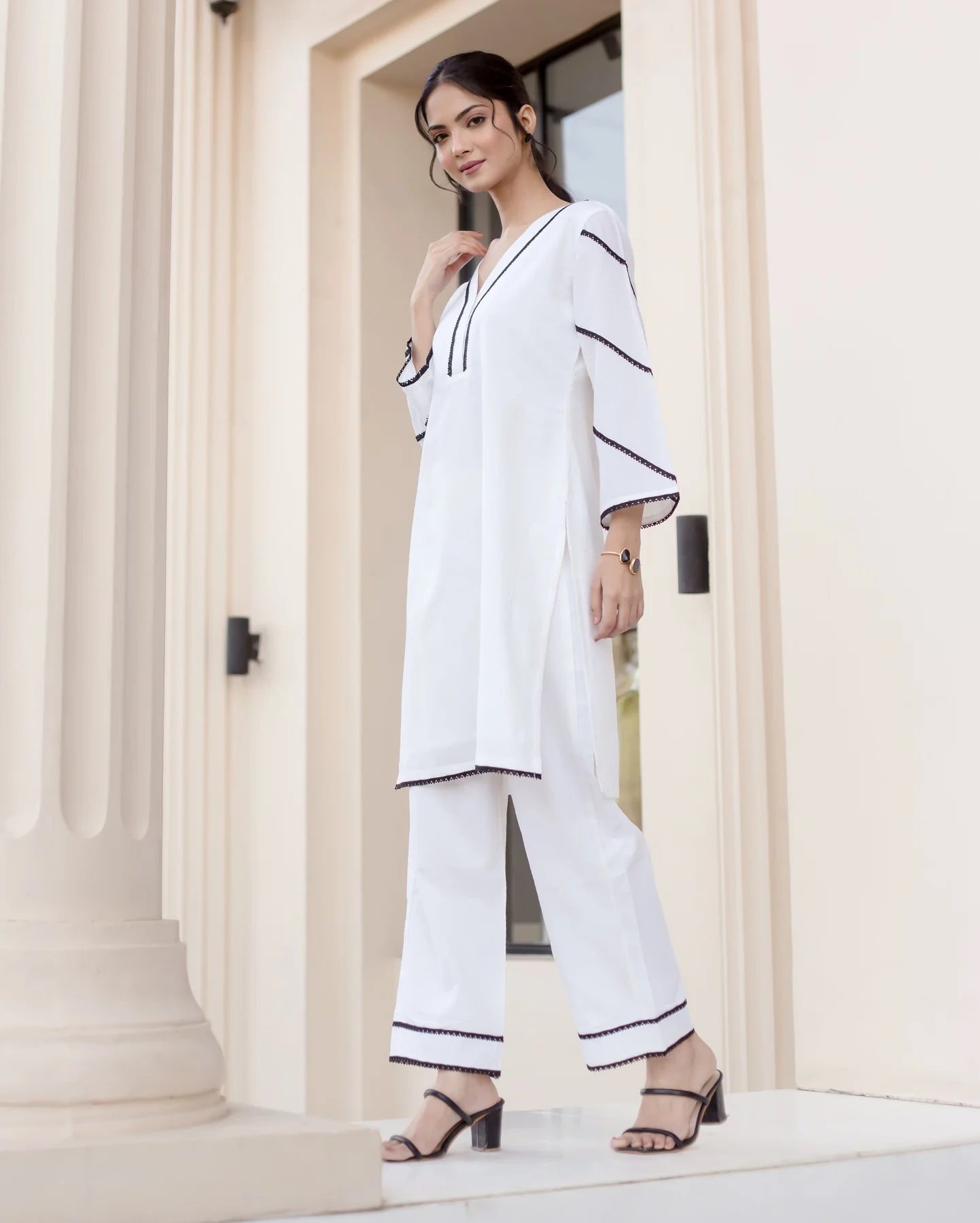 White Cotton Co-Ord Set with V-Neck & Black Lace Detailing