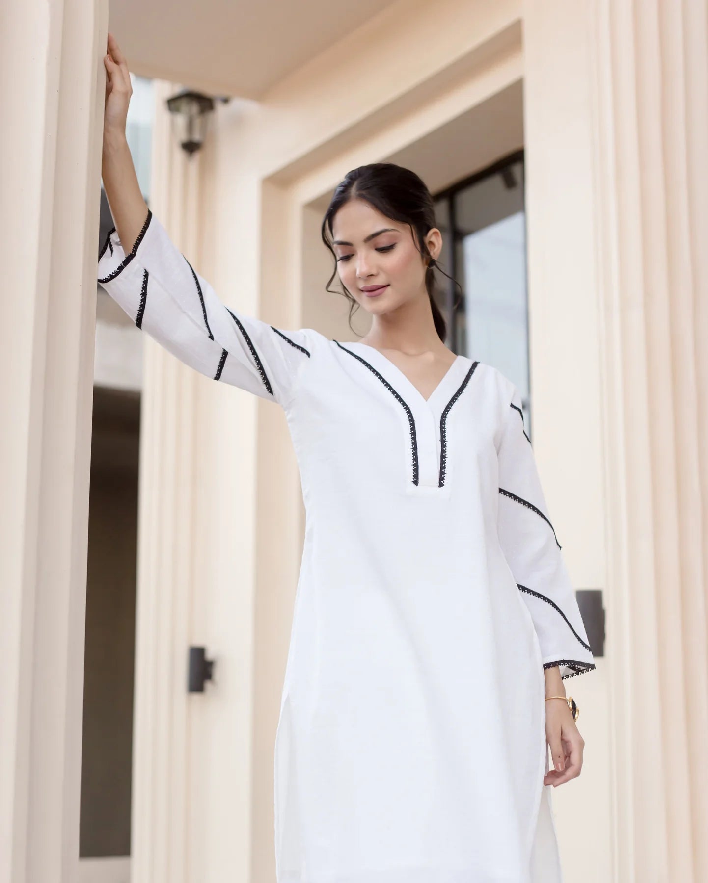 White Cotton Co-Ord Set with V-Neck & Black Lace Detailing