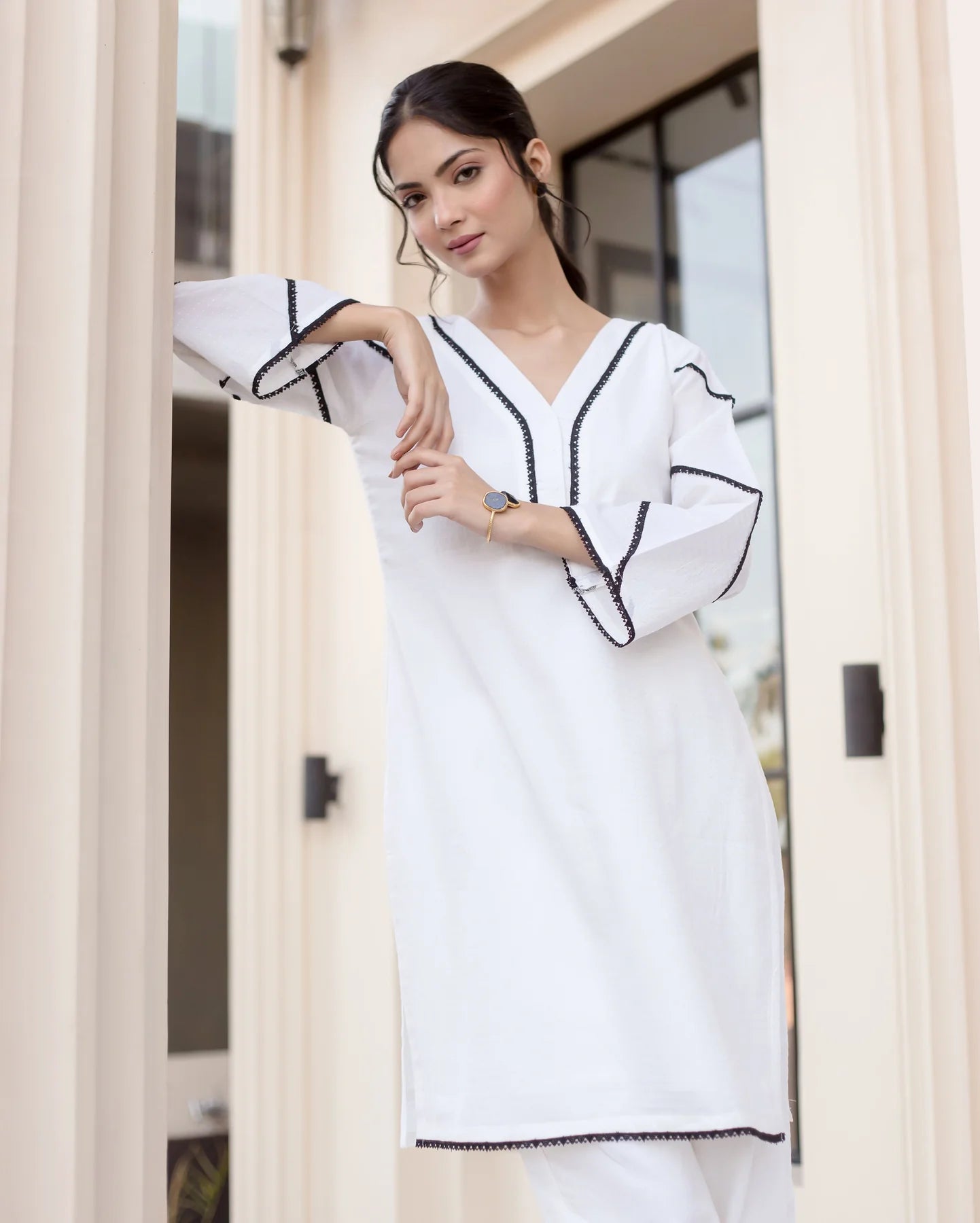 White Cotton Co-Ord Set with V-Neck & Black Lace Detailing