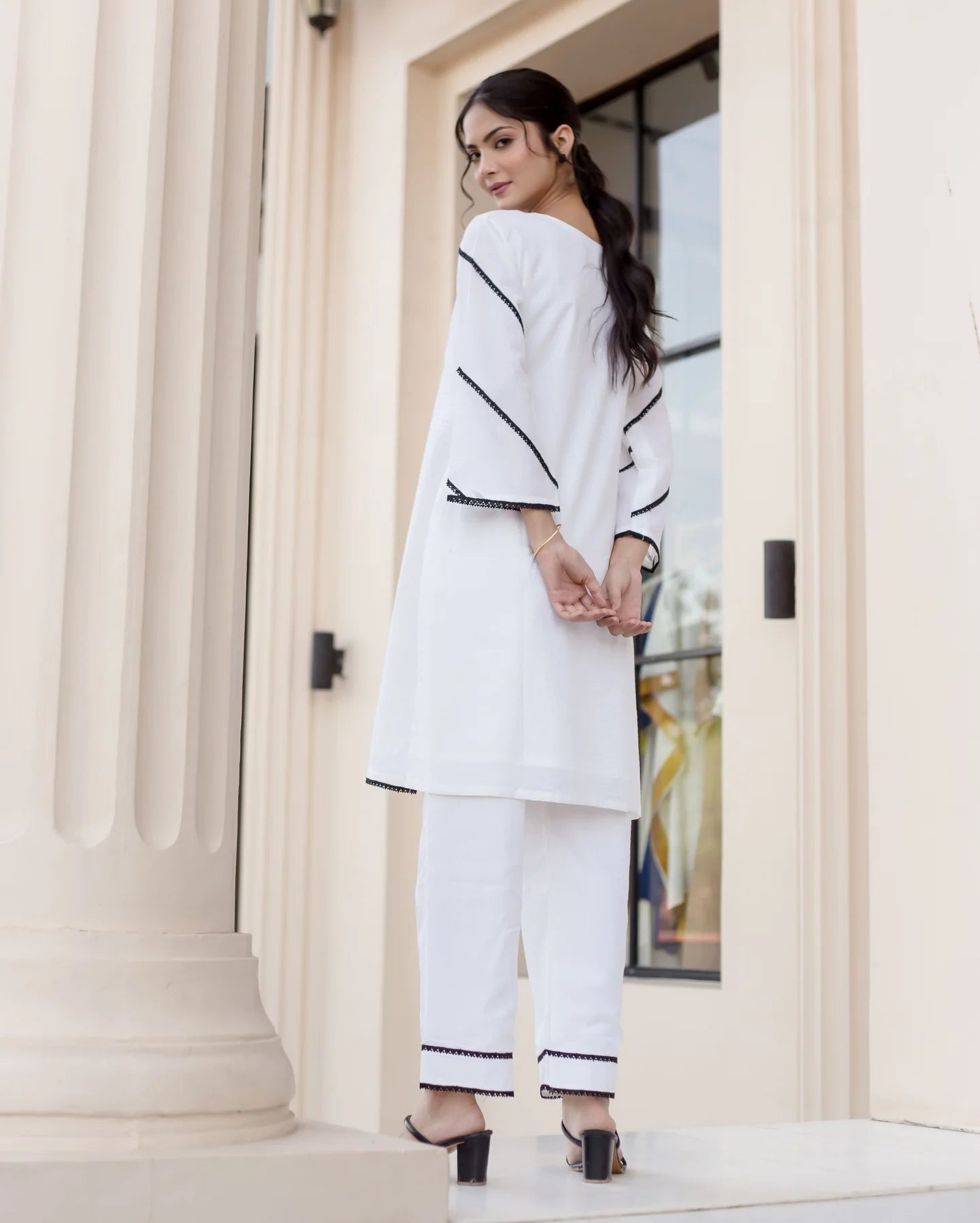 White Cotton Co-Ord Set with V-Neck & Black Lace Detailing