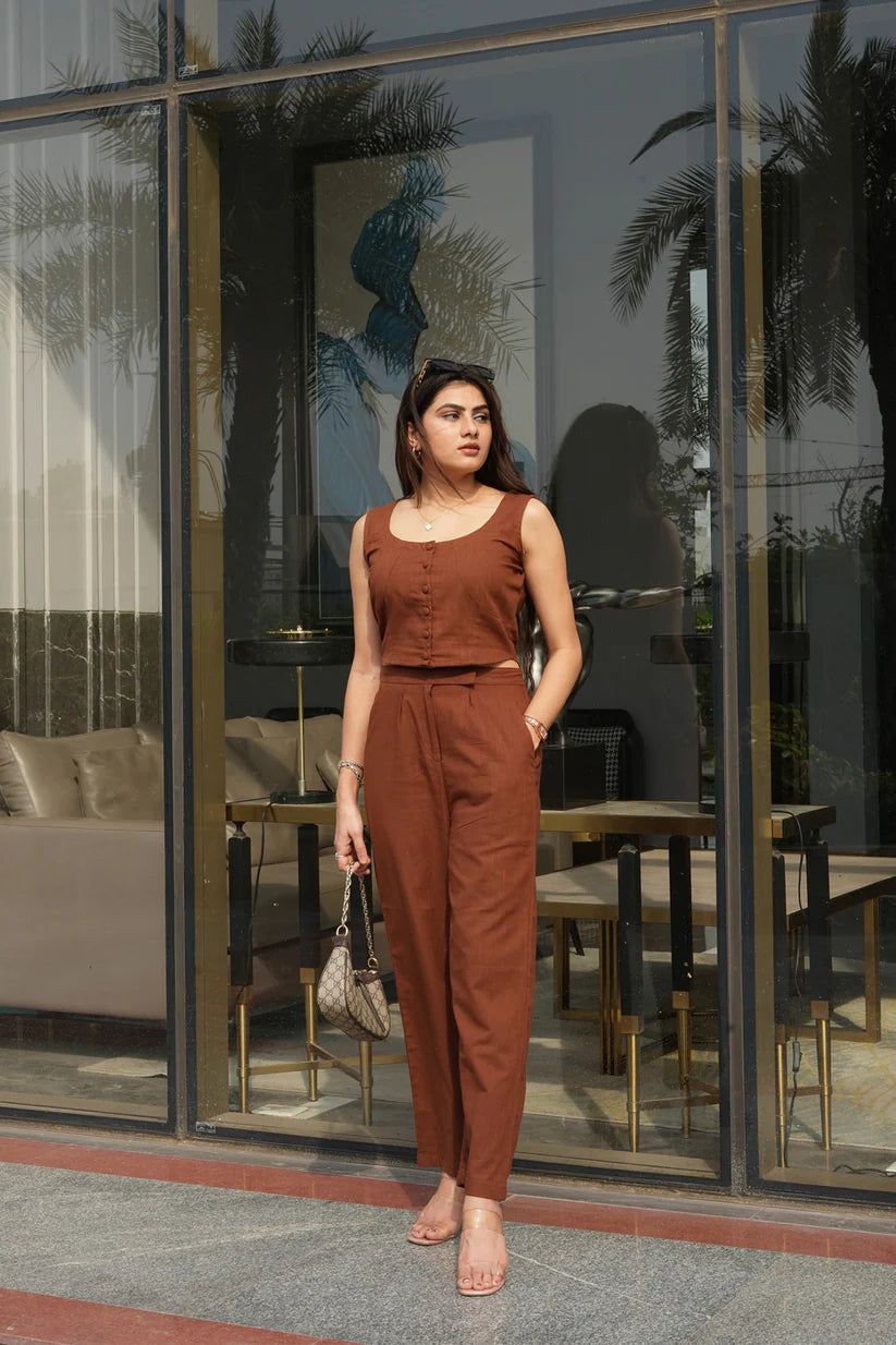 Cotton Slub Co-Ord Set with Sleeveless Crop Top & High-Waisted Pants