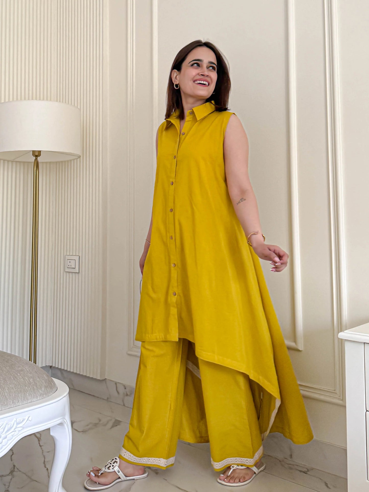 Mustard Cotton Slub Sleeveless Co-ord Set with Palazzo