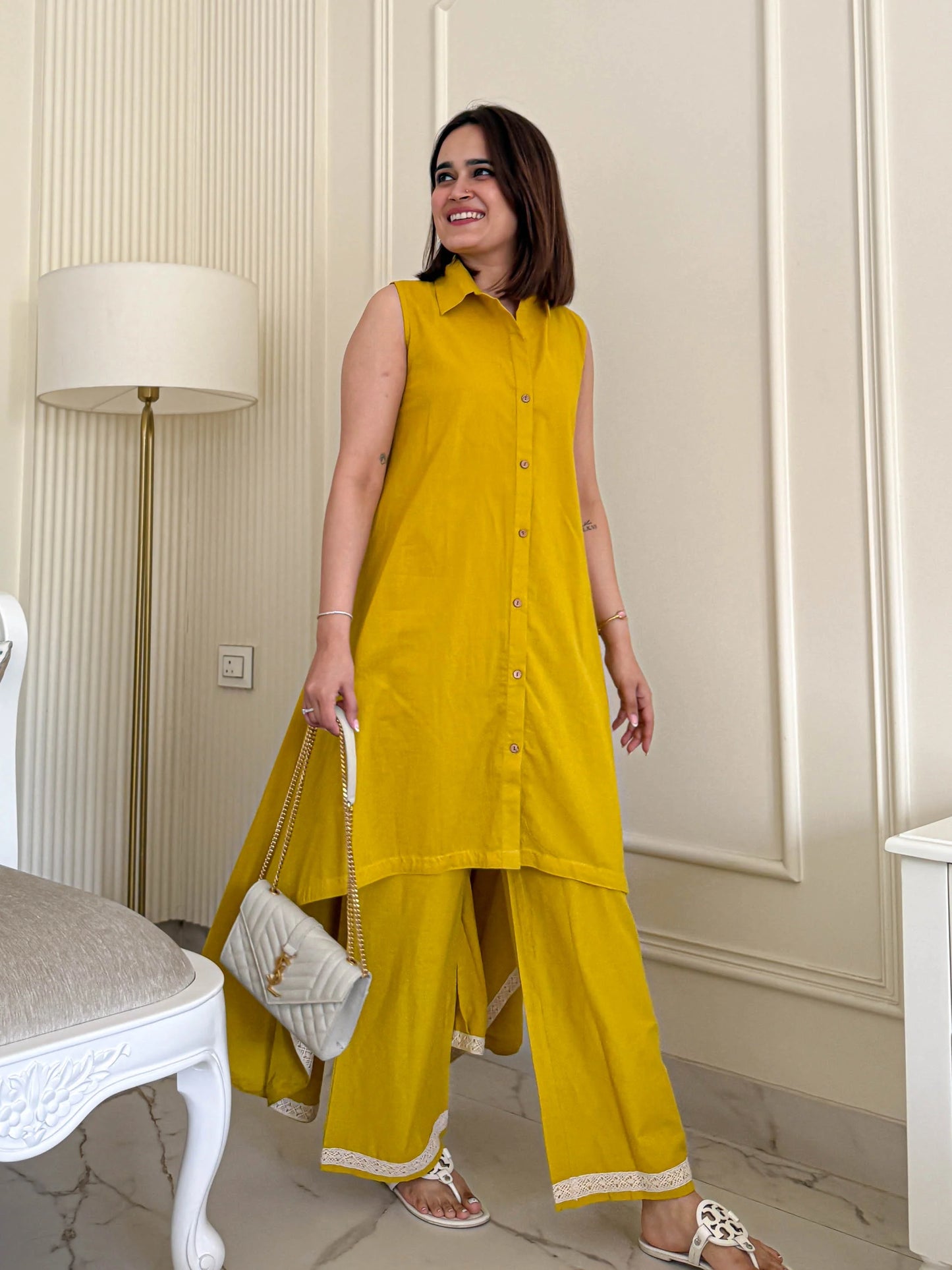 Mustard Cotton Slub Sleeveless Co-ord Set with Palazzo