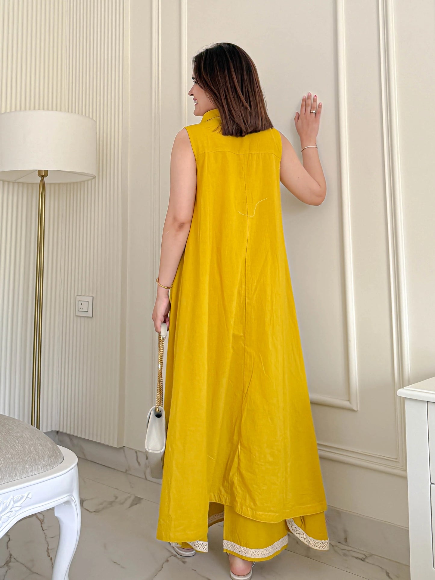 Mustard Cotton Slub Sleeveless Co-ord Set with Palazzo