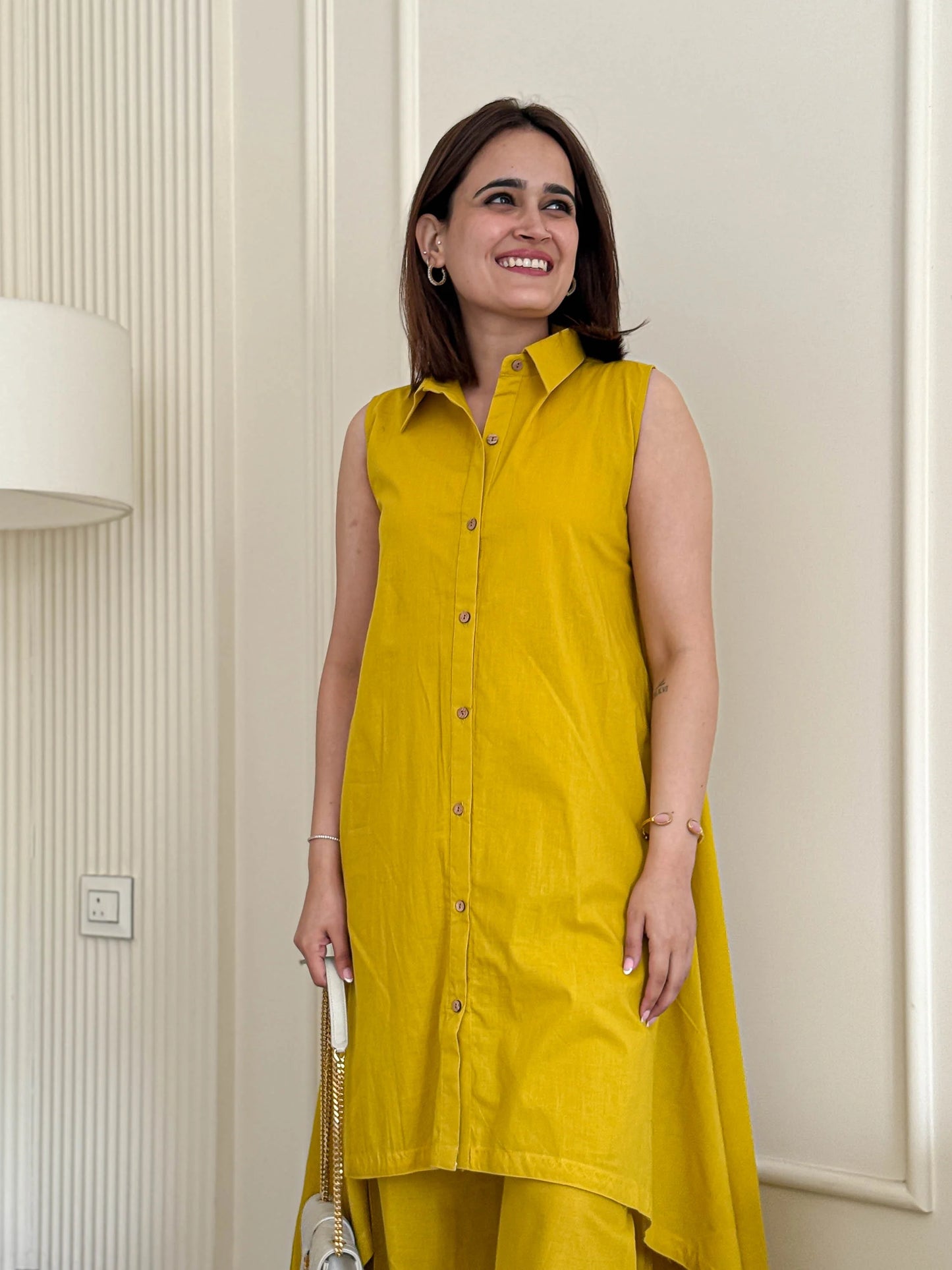 Mustard Cotton Slub Sleeveless Co-ord Set with Palazzo