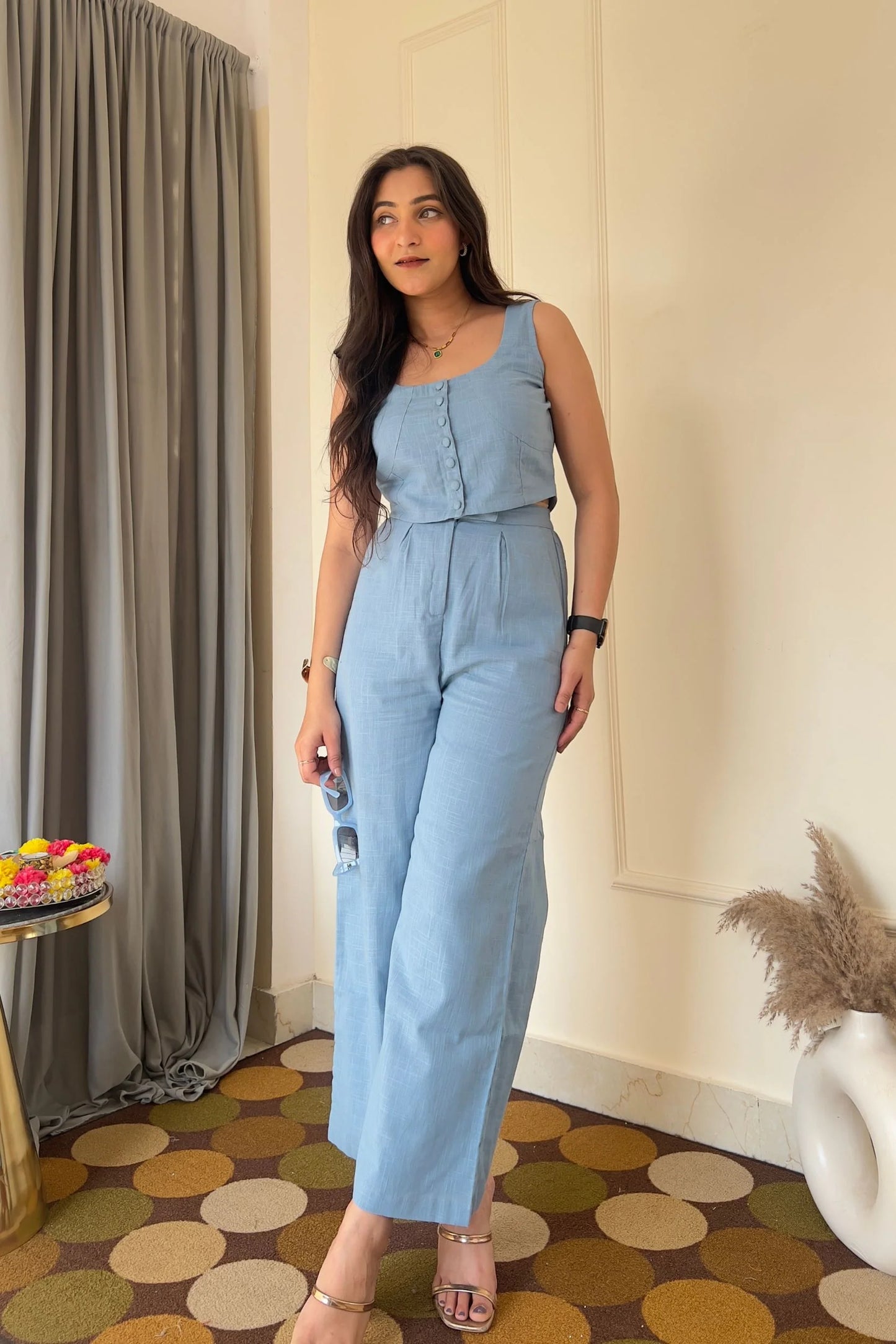 Cotton Slub Co-Ord Set with Sleeveless Crop Top & High-Waisted Pants
