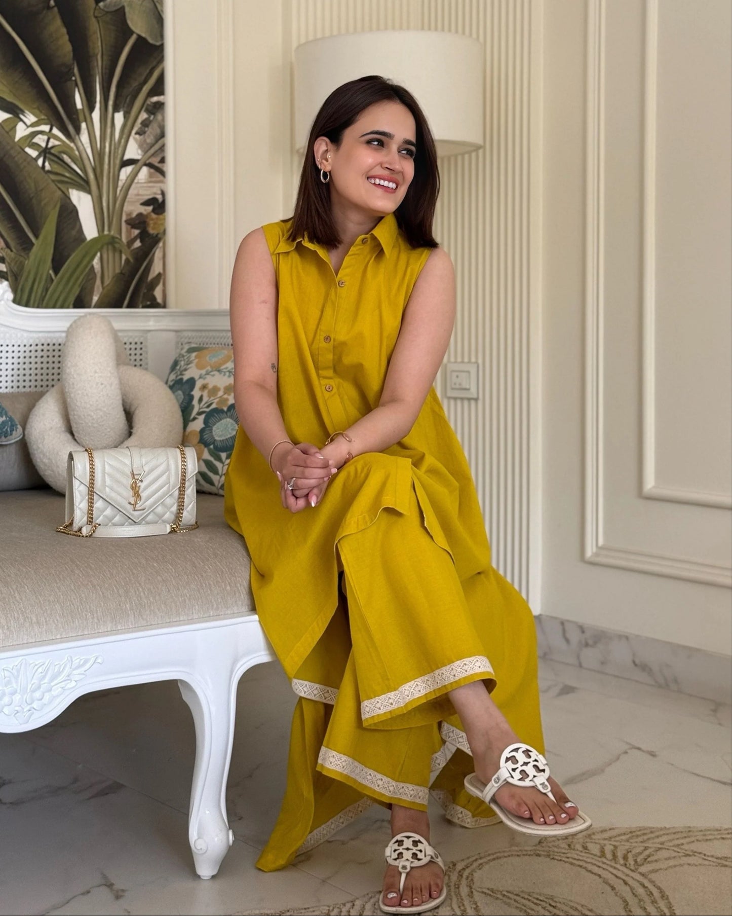 Mustard Cotton Slub Sleeveless Co-ord Set with Palazzo