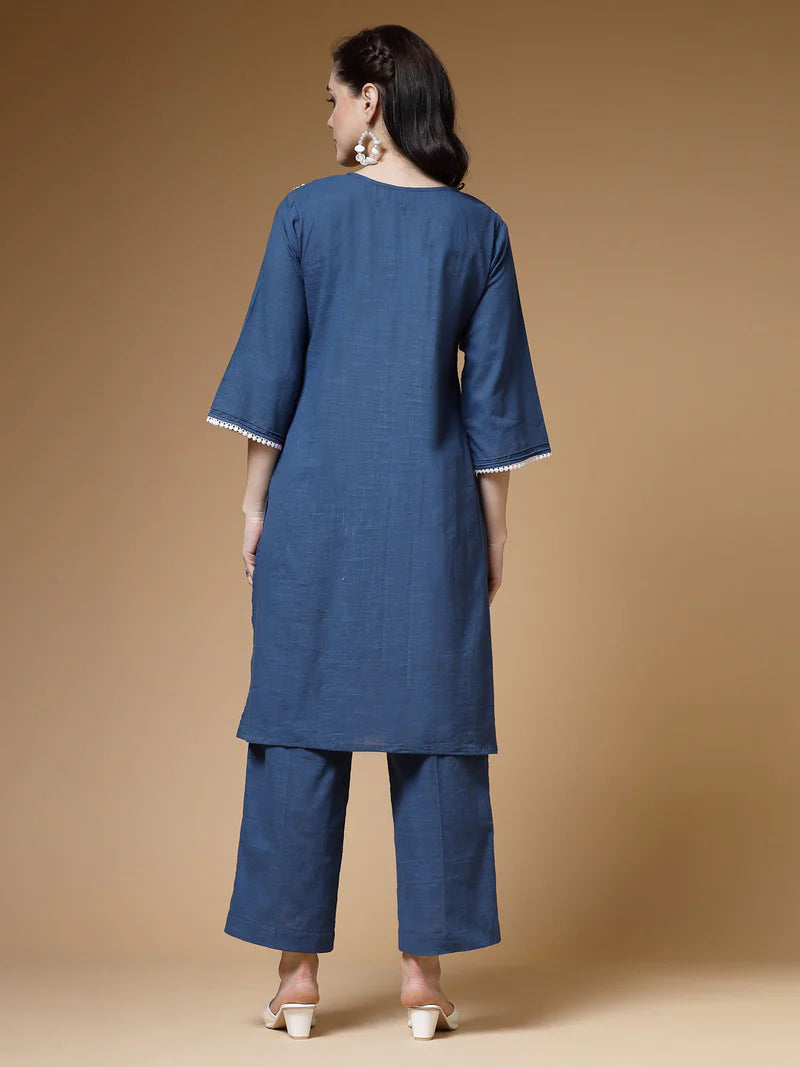 Lace-Trim Cotton Kurta Pant Set in Cotton Slub