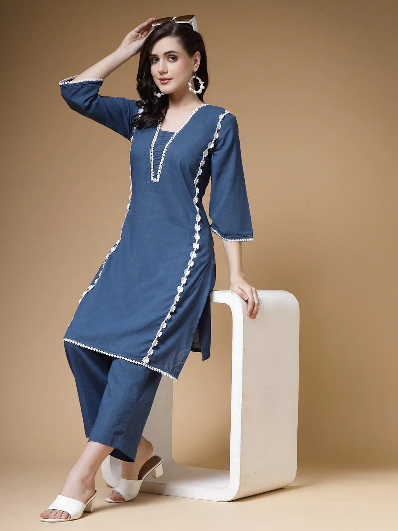 Lace-Trim Cotton Kurta Pant Set in Cotton Slub