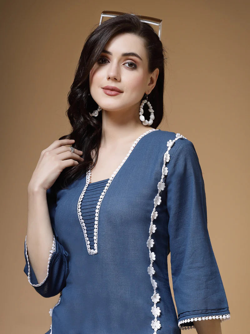 Lace-Trim Cotton Kurta Pant Set in Cotton Slub