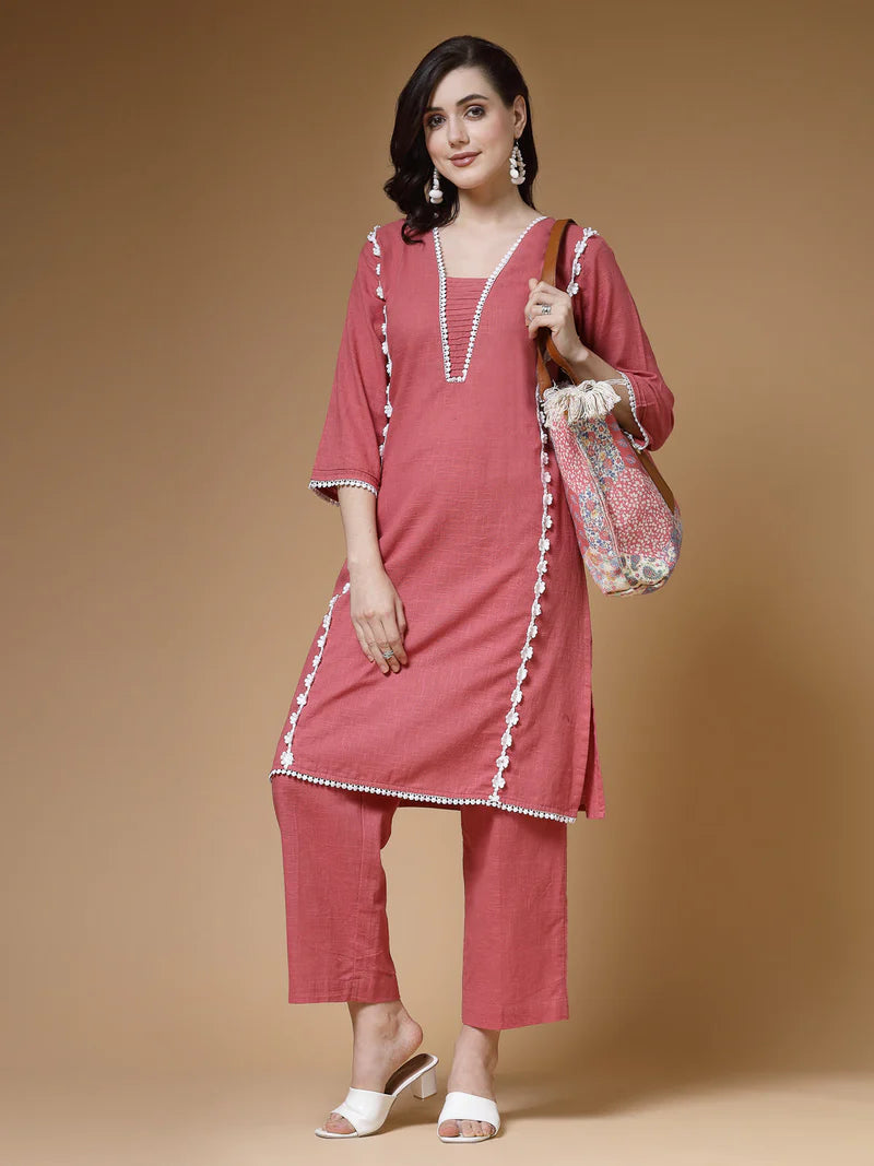 Lace-Trim Cotton Kurta Pant Set in Cotton Slub