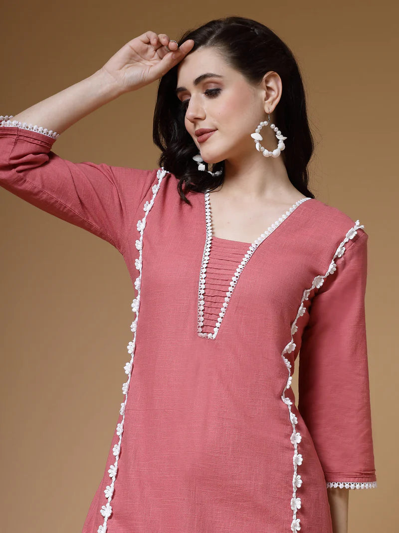 Lace-Trim Cotton Kurta Pant Set in Cotton Slub