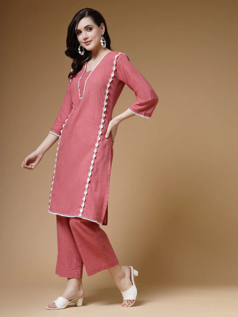 Lace-Trim Cotton Kurta Pant Set in Cotton Slub