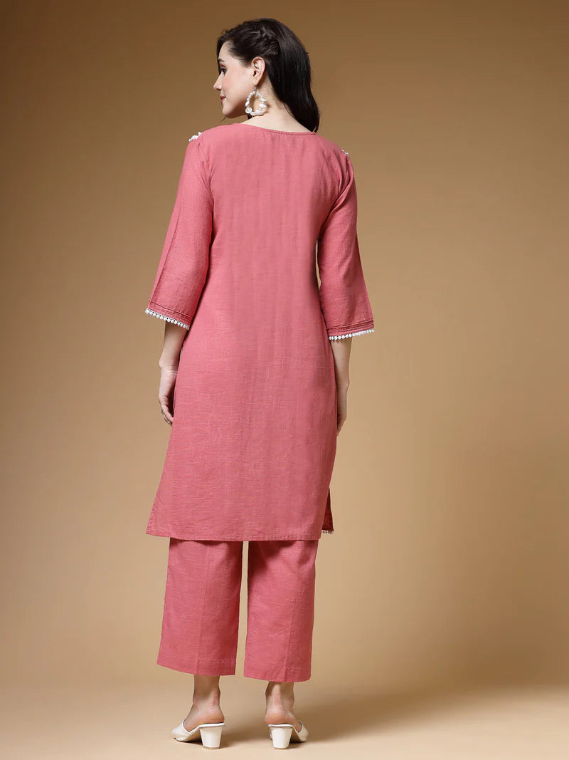Lace-Trim Cotton Kurta Pant Set in Cotton Slub