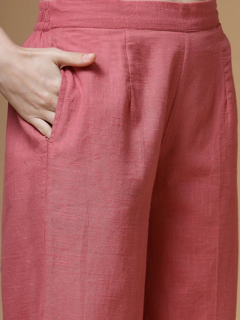 Lace-Trim Cotton Kurta Pant Set in Cotton Slub