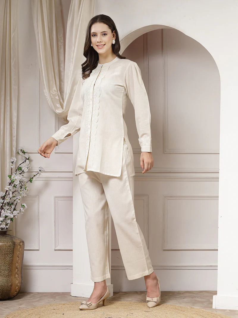 Natural Cotton Flex Co-ord Set with Lace Panel Detailing