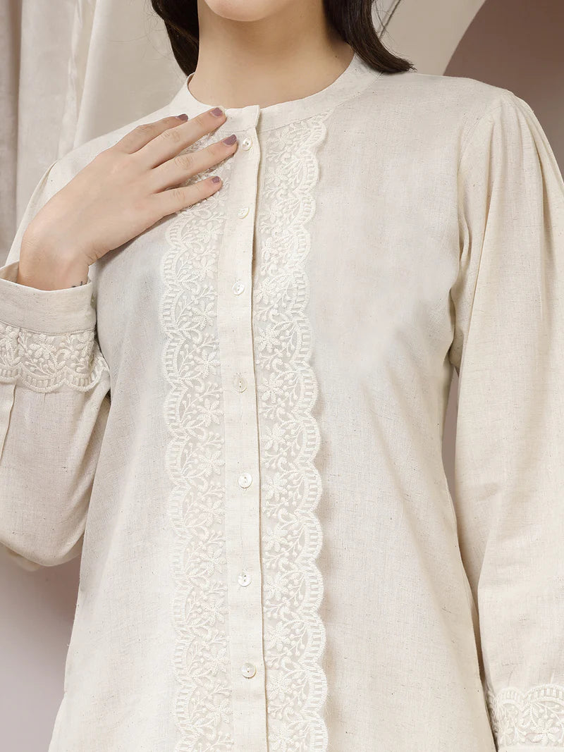 Natural Cotton Flex Co-ord Set with Lace Panel Detailing