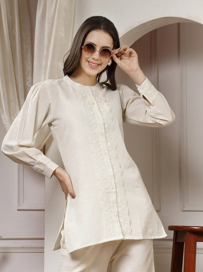 Natural Cotton Flex Co-ord Set with Lace Panel Detailing