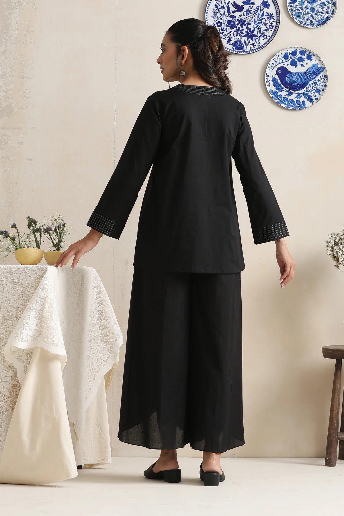 Kaaira Black Cotton Co-ord Set with Subtle Thread Detailing