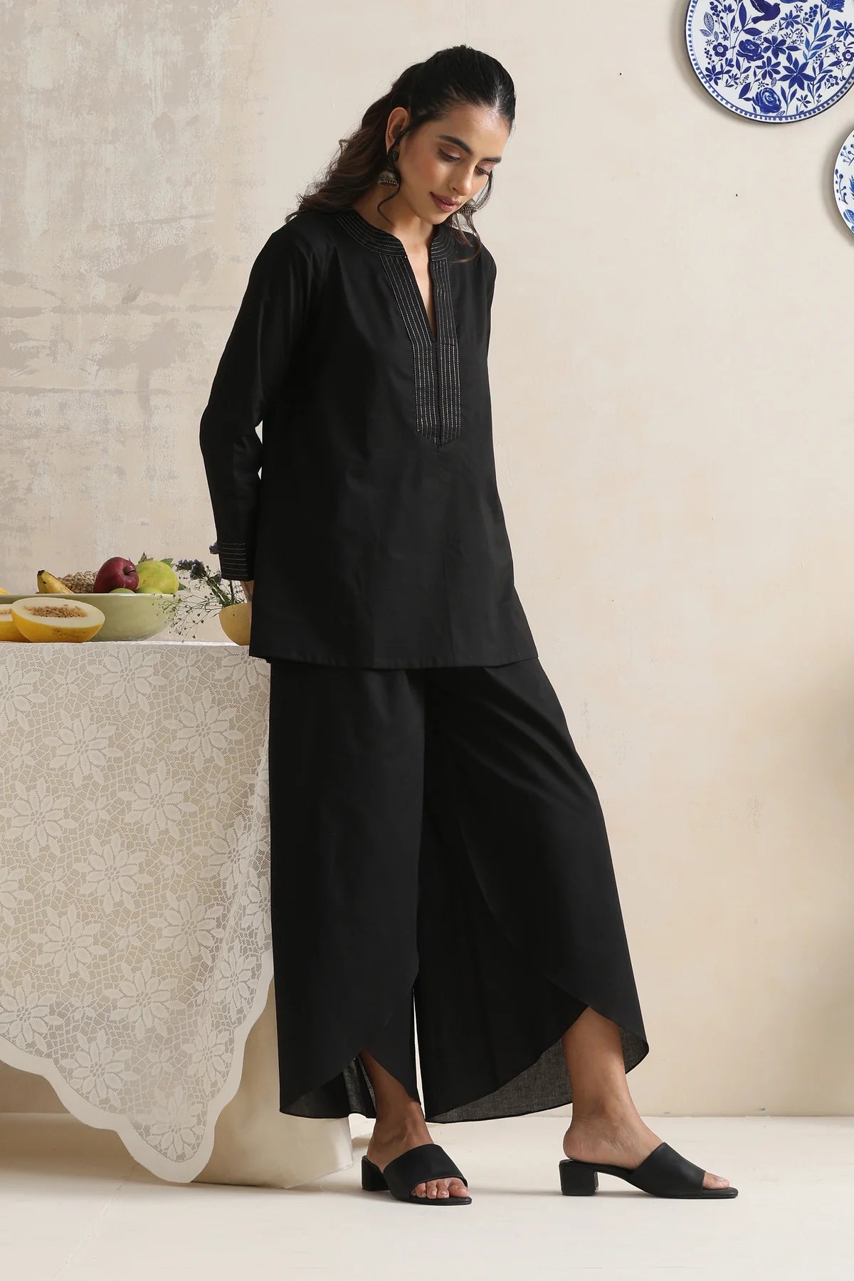 Kaaira Black Cotton Co-ord Set with Subtle Thread Detailing