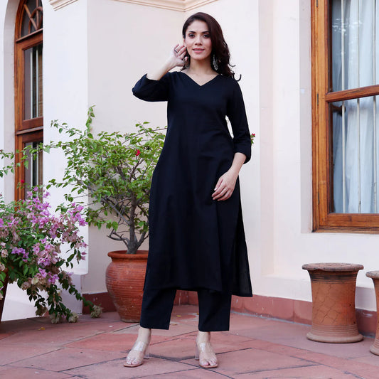"Noor" - Black Minimalist Cotton Kurta Set