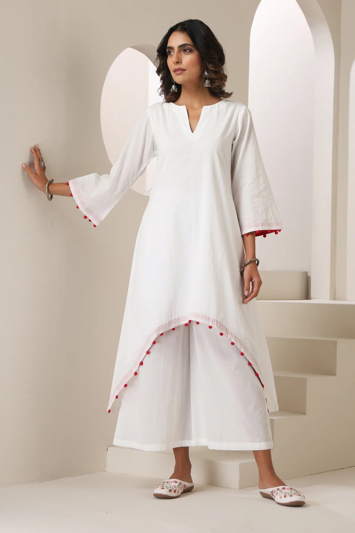 Meera Cotton Kurta Pant Set with Handcrafted Pom-Pom Lace
