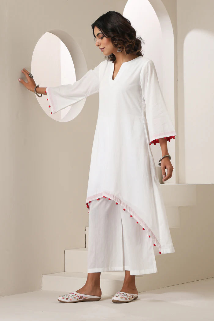 Meera Cotton Kurta Pant Set with Handcrafted Pom-Pom Lace