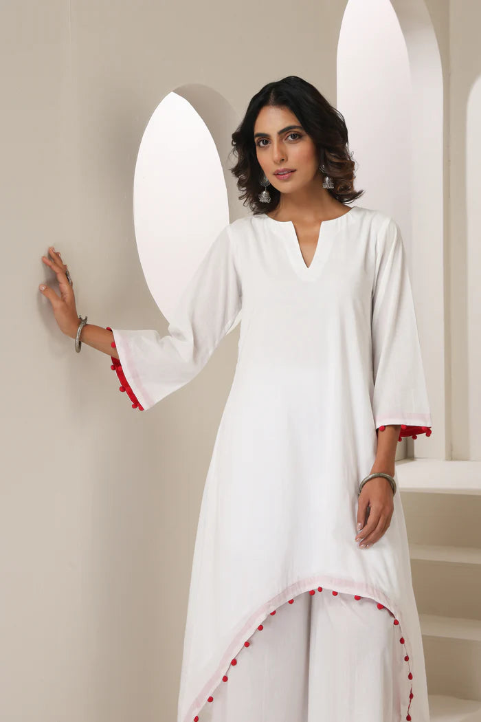 Meera Cotton Kurta Pant Set with Handcrafted Pom-Pom Lace