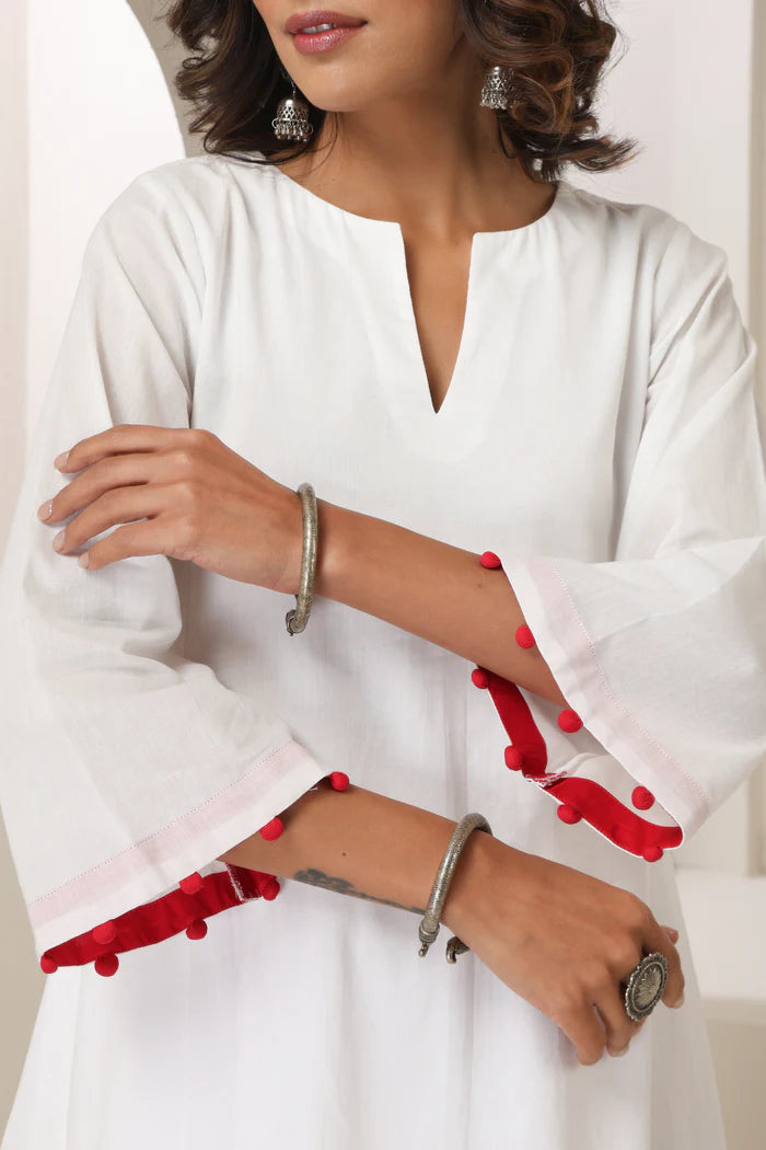 Meera Cotton Kurta Pant Set with Handcrafted Pom-Pom Lace