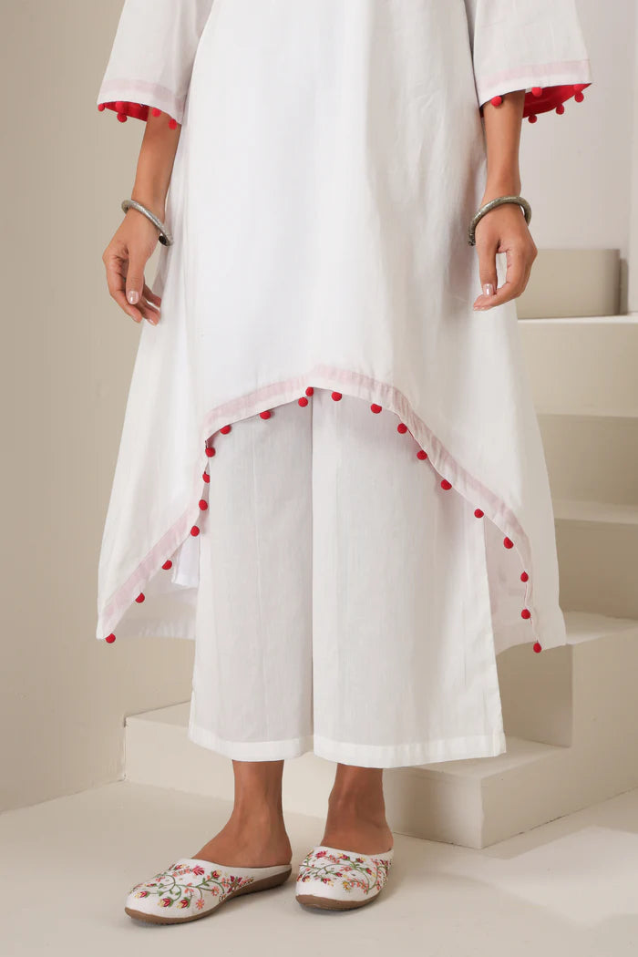Meera Cotton Kurta Pant Set with Handcrafted Pom-Pom Lace