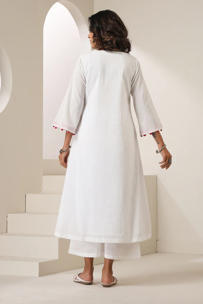 Meera Cotton Kurta Pant Set with Handcrafted Pom-Pom Lace