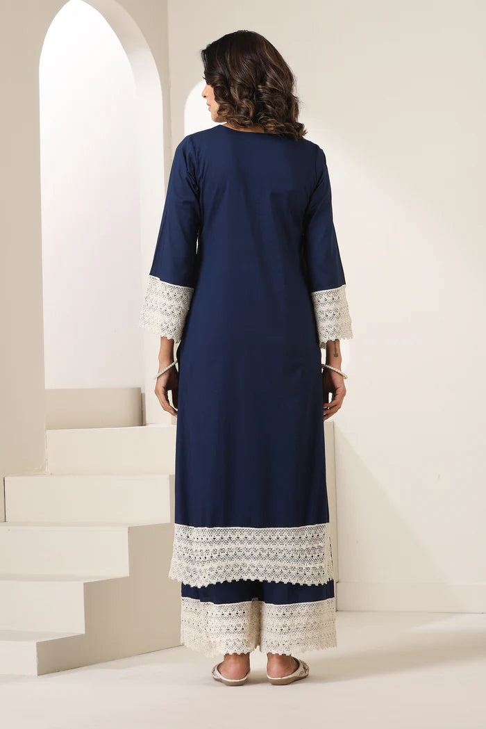 Aadhya Cotton Kurta Pant Set with Intricate Lace Borders