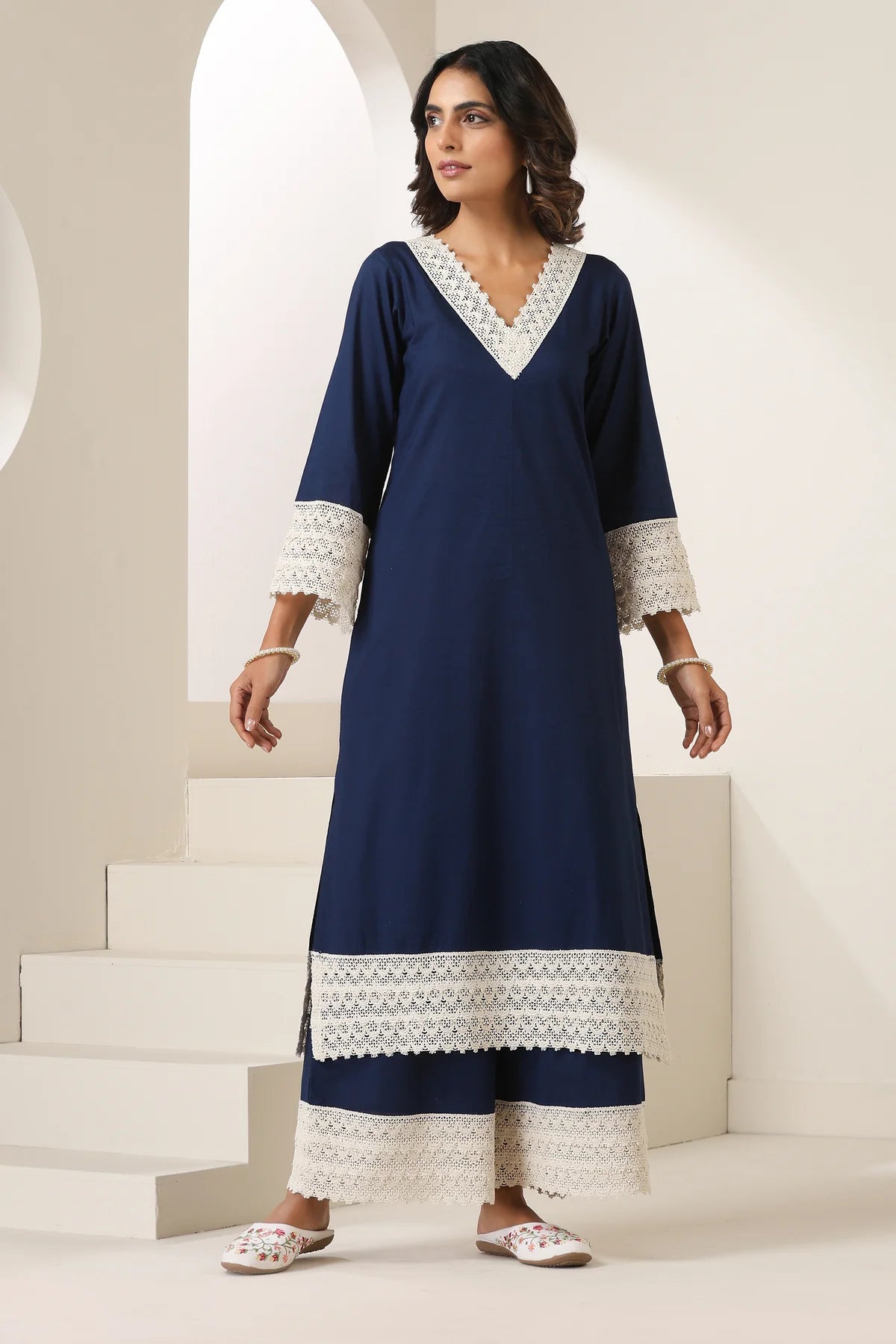 Aadhya Cotton Kurta Pant Set with Intricate Lace Borders