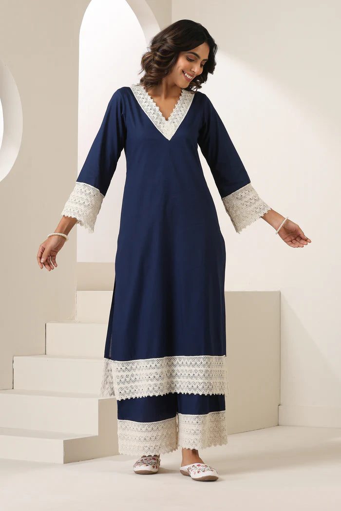 Aadhya Cotton Kurta Pant Set with Intricate Lace Borders