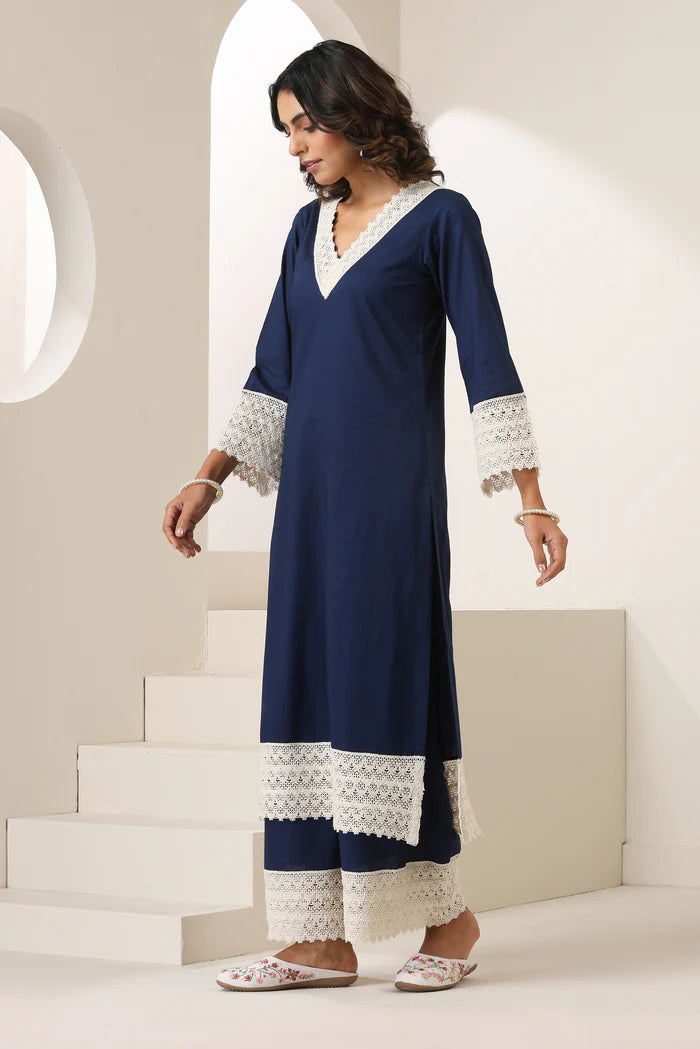 Aadhya Cotton Kurta Pant Set with Intricate Lace Borders