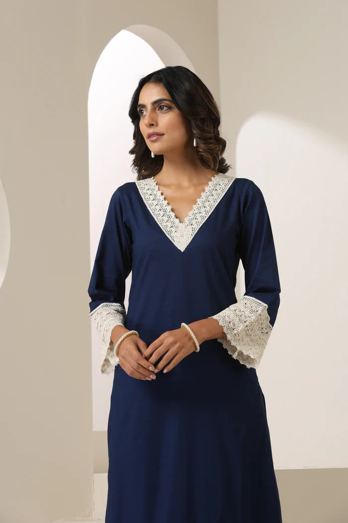 Aadhya Cotton Kurta Pant Set with Intricate Lace Borders