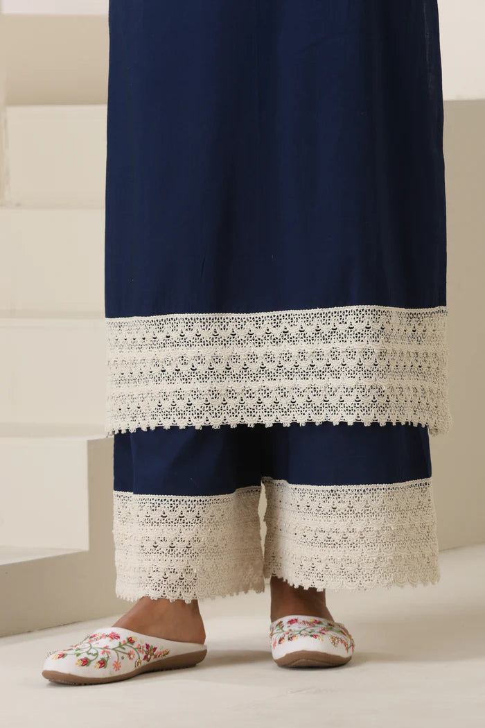 Aadhya Cotton Kurta Pant Set with Intricate Lace Borders